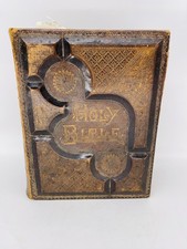 Antique 19th Century Leather-Bound Holy Family Bible Pics Births Deaths Marriage picture