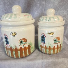 Vintage Ceramic Canister Set Birdhouse Birds Picket Fence Country Cottage 2 Pc picture