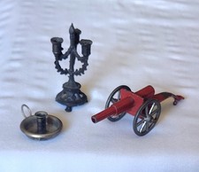 Vintage Metal Tin Mini Toy Field Artillery Cannon & Doll House Candle Holders picture