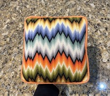 Vintage MCM Pillow Rainbow Zig Zag Mid Century Modern Wavy Cross Stitched 9” WOW picture