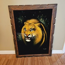 Vintage 70s Black Velvet White Tiger Painting Signed Wooden Folk Art Framed picture