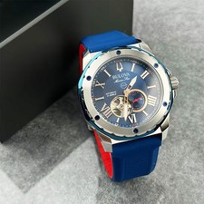 Bulova Marine Star A Men's Automatic Watch Blue Dial Silicone Strap 45MM 98A282 picture