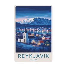 Rustic Reykjavik Iceland Scenic View with Church and Metal Sign 8x12 Inch picture