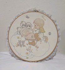 Vintage Precious Moments Cross Stitch Wooden Hoop Lace Detailing Love Lifted Me picture