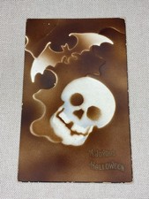 Antique Postcard A Joyous Halloween Rose Company Hand Colored Skull Bat Rare picture