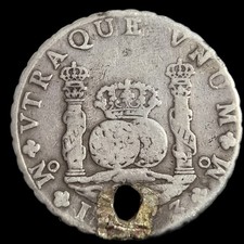Mexico Spanish Colonial 8 Reales Two Pillar Philip V 1743 / 1733 (?) Mo MF Holed picture