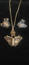 Vintage Signed AMITA Japan Damascene Butterfly Necklace & Earrings Set Parure picture