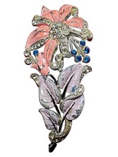Vtg 1940s WWII Floral Dress Fur Clip Pot Metal Blue Rhinestone Enamel As Is⁠ picture