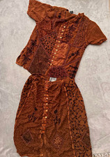Vintage 90s Speedlimit MPH boho patchwork embroidered top & skirt set, rust brow picture