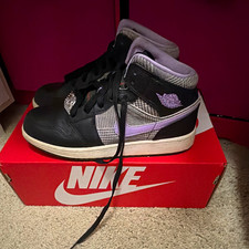 Jordan Air Jordan 1 Mid Unisex Kids Black Purple Gray Plaid Leather US 5.5 picture