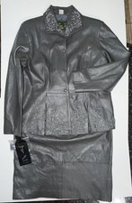Vintage Leather 9000 Womens XL Genuine Leather Skirt Suit Beaded 2 Pc Gray NWT picture