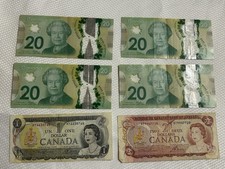 6 Canadian Banknotes Vintage 1973 $1, 1986 $2 Paper Notes & 4 $20 Polymer Bills picture
