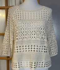 H&M Crochet Cropped Top Sz M Ivory Open Knit Geometric Pullover Classic Coastal picture