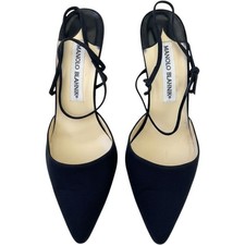 Manolo Blahnik Navy Blue Suede Pointed Toe Slingback Kitten Heels bow Stiletto picture