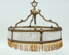 Antique Neoclassic Brass Drum Chandelier w/Fabric Shade and Fringe 20