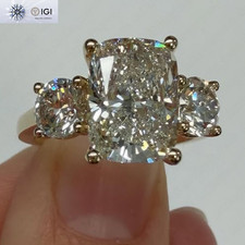 IGI 4.50Tcw Cushion & Round Lab Grown Diamond Three Stone Ring 14K Yellow Gold picture