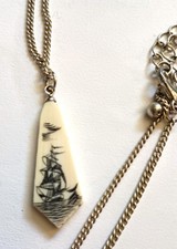 Vintage Scrimshaw Ship Pendant Necklace 30 Inch Long Chain Sailing Clipper Boat picture
