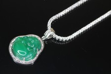 14k STAMPED Happy Buddha GREEN Jade Pendant TENNIS 44ct Lab Sim BAGUETTE Diamond picture
