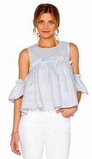 NWT J.O.A. Size L LAYERED RUFFLE COLD SHOULDER TOP LIGHT BLUE 100% Linen picture