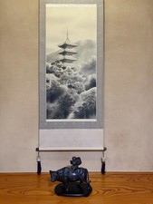Japanese Hanging Scroll Kakejiku Ink Painting Landscape & Bronze Bull Statue Set picture