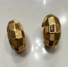 Vintage Joan Rivers Gold Tone Checkered White Enamel Round Hoop Clip-On Earrings picture