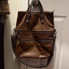 Vintage Fossil Brown Leather Tote Bag Detachable Adjustable Strap Pockets picture