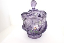 Vintage Fenton Paisley Swirl Candy Dish W/ Lid Purple Daisies H. Painted Signed picture