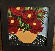 Red Roses in clay pot, handmade painting w/frame 12x12 picture