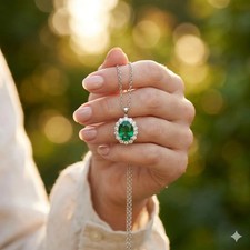 1.63 CT Oval Cut Natural Emerald & Diamond Pendant | 14K White Gold picture