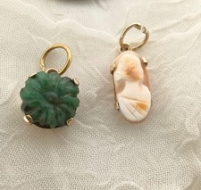Vintage Carved Shell Cameo Charm Lady Profile & Jadeite Flower Charm both 10k picture