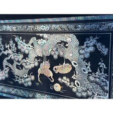 Vintage Korean Black Lacquer Mother of Pearl Tea Table - Cranes & Pine Inlay picture