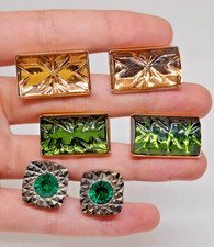 Vintage USSR Soviet Cufflinks Lot 3 Pairs Emerald Green Amber Topaz Glass Retro picture