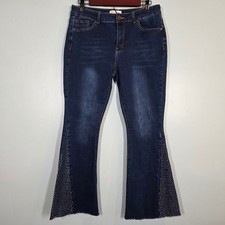 Bamboo Original Denim Womens Rhinestone Flare Jeans Dark Wash Raw Hem Size 11 picture