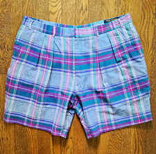 Vintage Brooks Brothers Makers Pleated Plaid Madras Shorts Purple Green Men's 38 picture