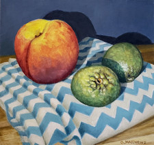 Original Oil Painting Nectarine & Limes on Decorated Cloth still Life  6 x 6 NEW picture