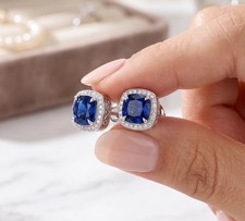 Rare 5 Ct Certified Cushion Blue Diamond Solitaire Studs 925 Silver Great Shine picture
