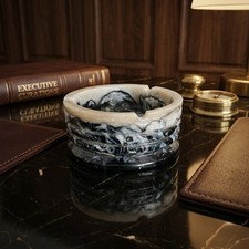 Handmade Marbled Acrylic Cigar Ashtray Round Decorative Resin Smoking Bowl Black picture