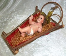 Vintage Spanish Dimosa Nativity Chalkware Baby Jesus Glass Eyes and Creche Spain picture