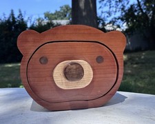 Handmade Wooden Teddy Bear Jewelry Trinket Box Blue Velvet Pull-Out Drawer picture