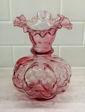 Vintage Fenton Pink Cranberry Glass Large Ruffled Rim Melon Vase, Beautiful  picture