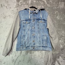 HM Divided Mens XL Denim Jacket Grey Hoodie Sleeves Mixed Media Light Wash picture