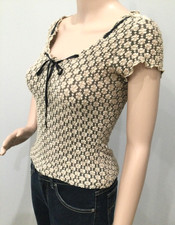 Vintage 90s Y2K XOXO Coquette Popcorn Knit Sweetheart Bow Top Black Cream S picture