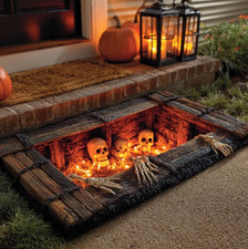 3D Skeleton Pit Halloween Rug, Fire Trapdoor Optical Illusion Spooky Floor Mat picture
