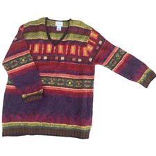 Vintage 80s 90s Susan Bristol  women Large V Neck Patterned Sweater pullover picture