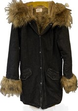 Denim by ASA Women’s Black Hooded Winter Coat Taupe Faux Fur Trim Size M picture