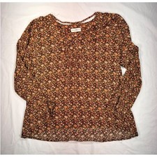 Natural Life Brown Floral Peasant Blouse Long Sleeve Boho Tie Neck Top Medium picture