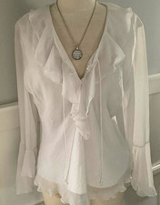 Vintage Dressbarn Women’s Size M White Sheer Chiffon Ruffle V-Neck Blouse~New picture