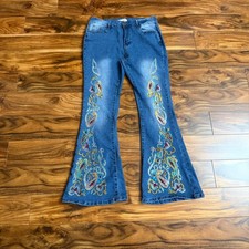 Bamboo Original Denim Embroidered Paisley Flare Jeans Blue Stretch Size 15 picture