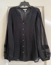 JOIE Black Pleated Blouse 100% SILK lace trim Small picture