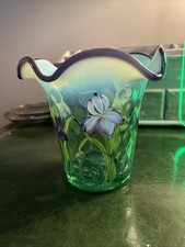 VTG Fenton Designer Hand Painted Floral Green Vase with Blue Ruffled Rim picture